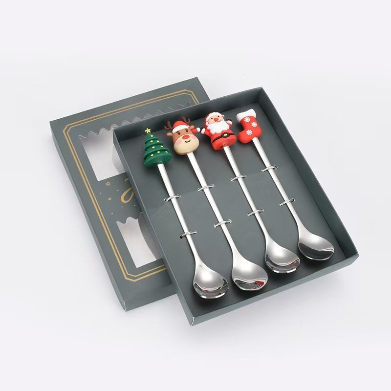 Cucharas de acero inoxidable transfronterizas muñecas de Papá Noel cubiertos cajas de regalo caseras de café mezclador cucharas de postre horquilla de frutas