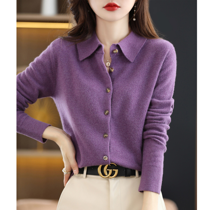 Autumn and Winter Polo Collar Shirt for Women, Loose Long-Sleeved Sweater, Non-Cashmere Lapel Knitted Cardigan Top Jacket