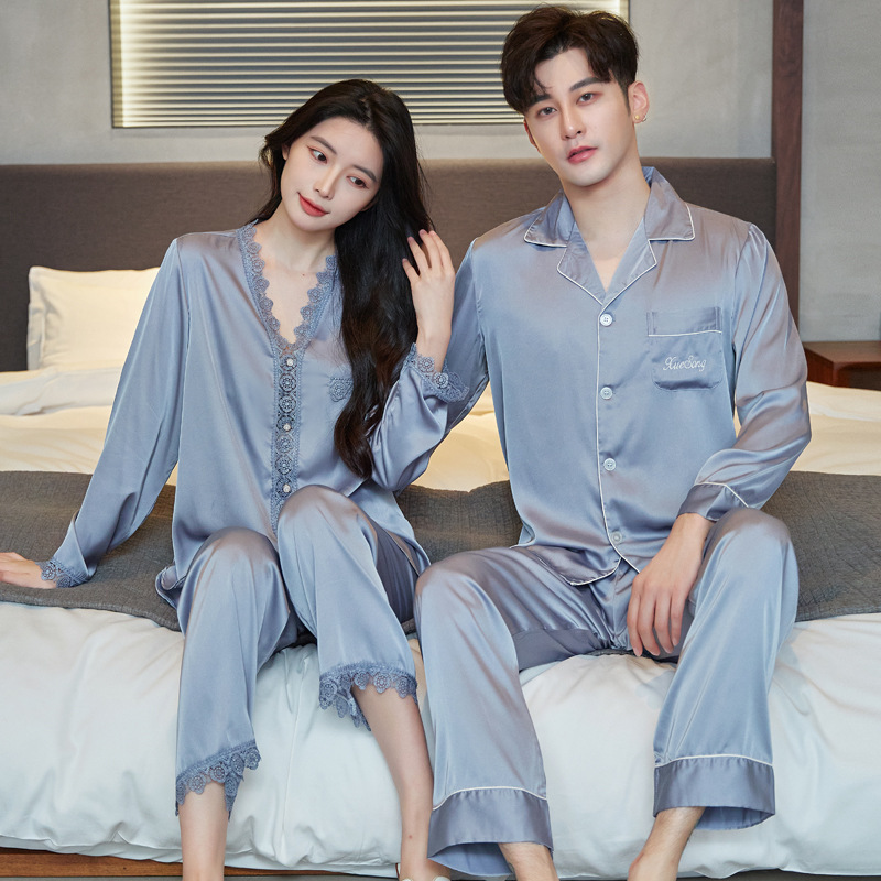 Ice Silk Couple's Pajamas for Women, Spring and Autumn Long-Sleeve Sexy Lace Set, Summer Men's High-End Plus-Size Loungewear