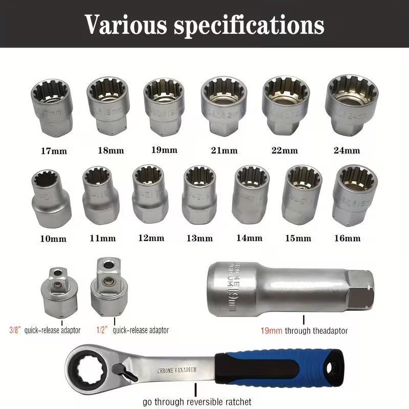 17-Piece Set of Through-Hole Ratchet Sockets, Toothed Through-Hole Sockets, 12-Point Perforated Sockets, Disassembly Tools, Multi-Functional Sockets