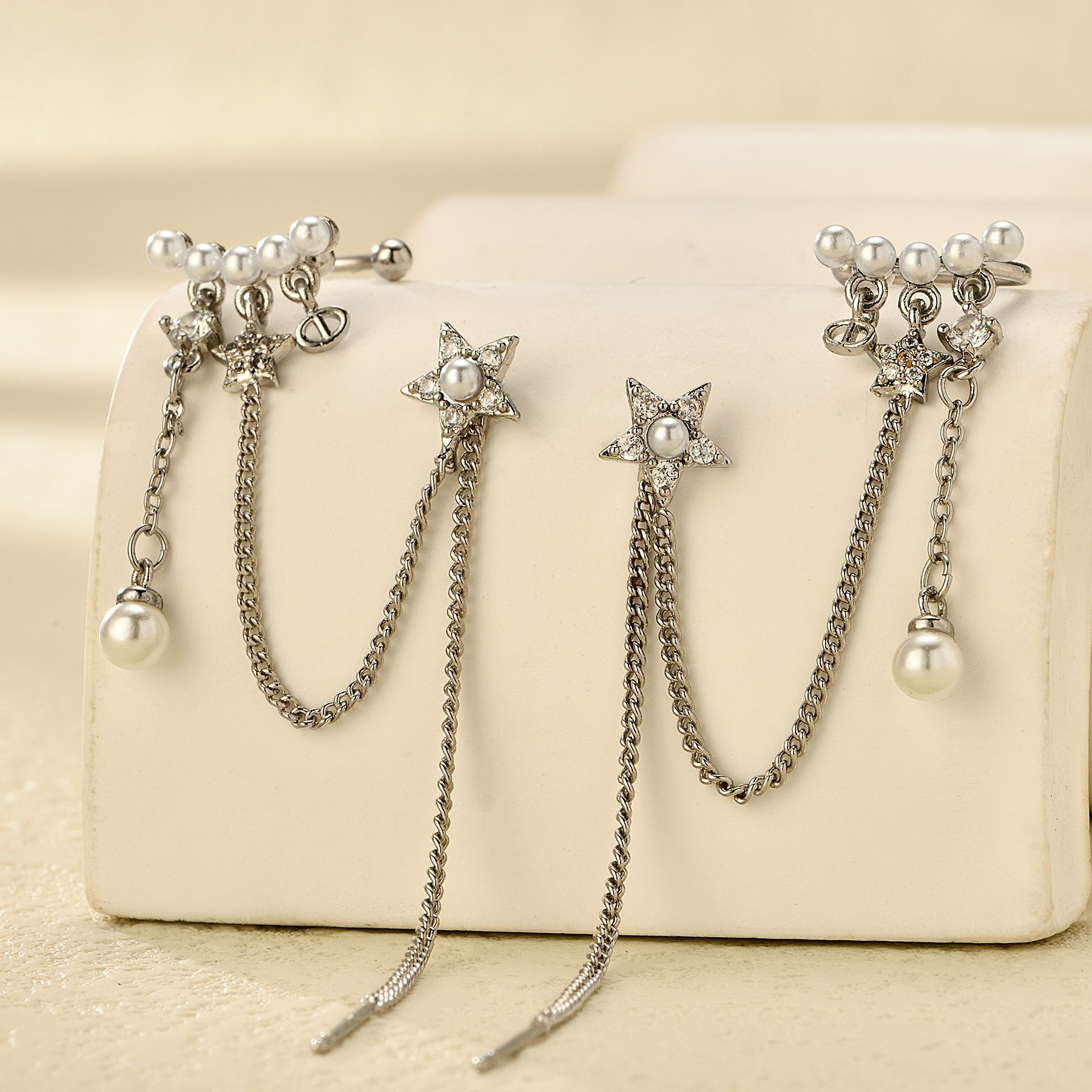 Fairy Style Star Brass Earrings Tassel Artificial Pearls Copper Earrings display picture 2