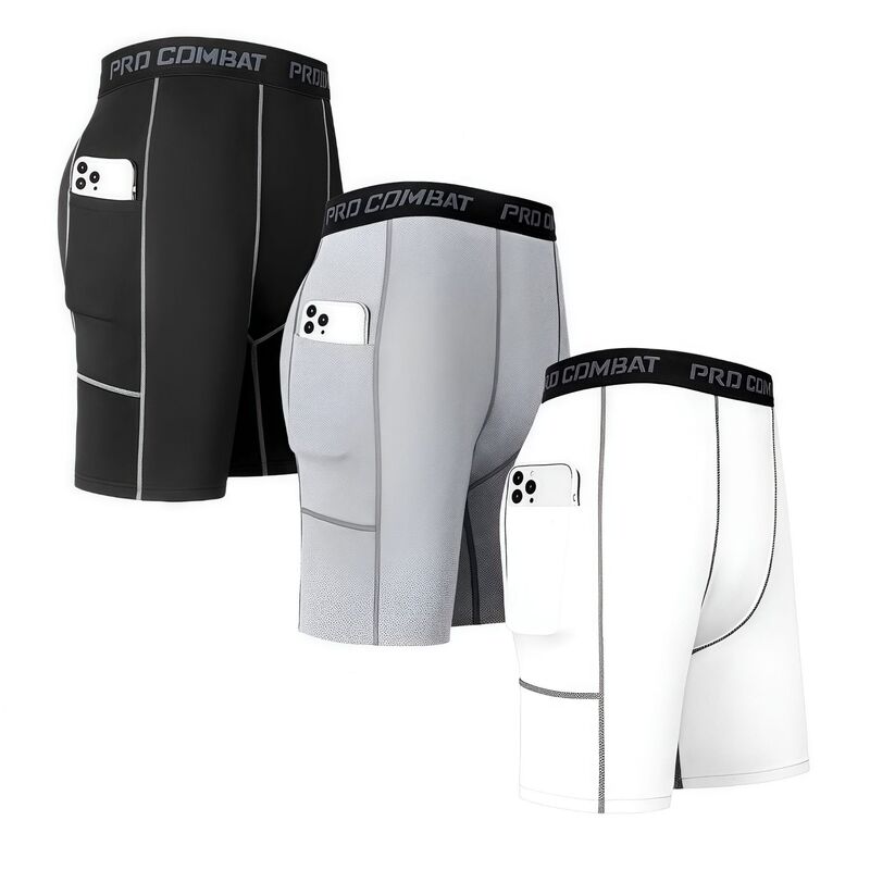 Men's Five-Point Compression Sports Shorts with Pockets, Quick-Drying, High-Elasticity, for Basketball, Running, Fitness Training, Jogging