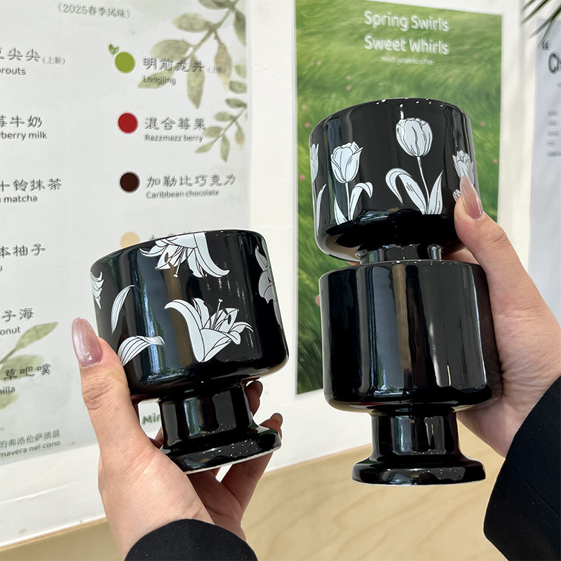 Taza de aromaterapia de cerámica de lirio personalizada Taza de nicho en blanco y negro Té de la tarde Taza de helado de yogur de café