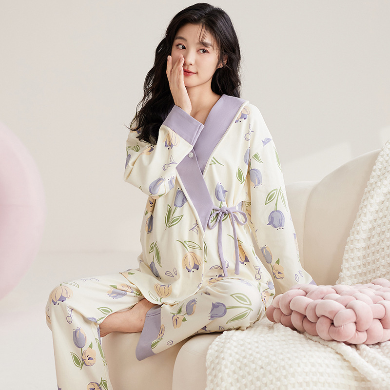 婧麒月子服十月份产后纯棉哺乳睡衣怀孕期孕妇斜襟喂奶家居服套装|undefined