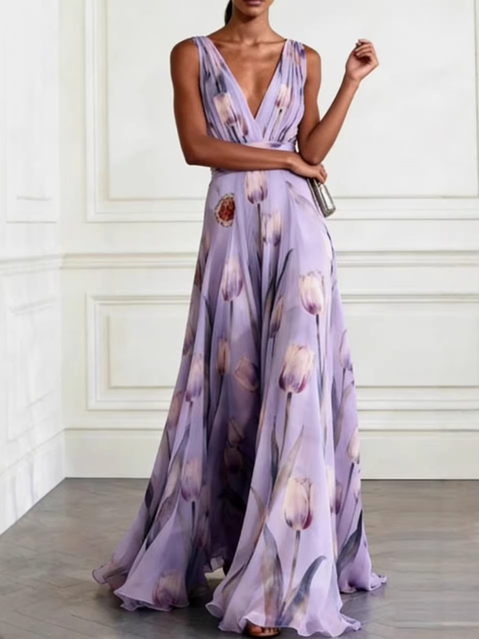 Robe transfrontalière européenne et américaine, imprimé tulipe bleue, style banquet, sans manches, col en v, nouvelle collection été 2026