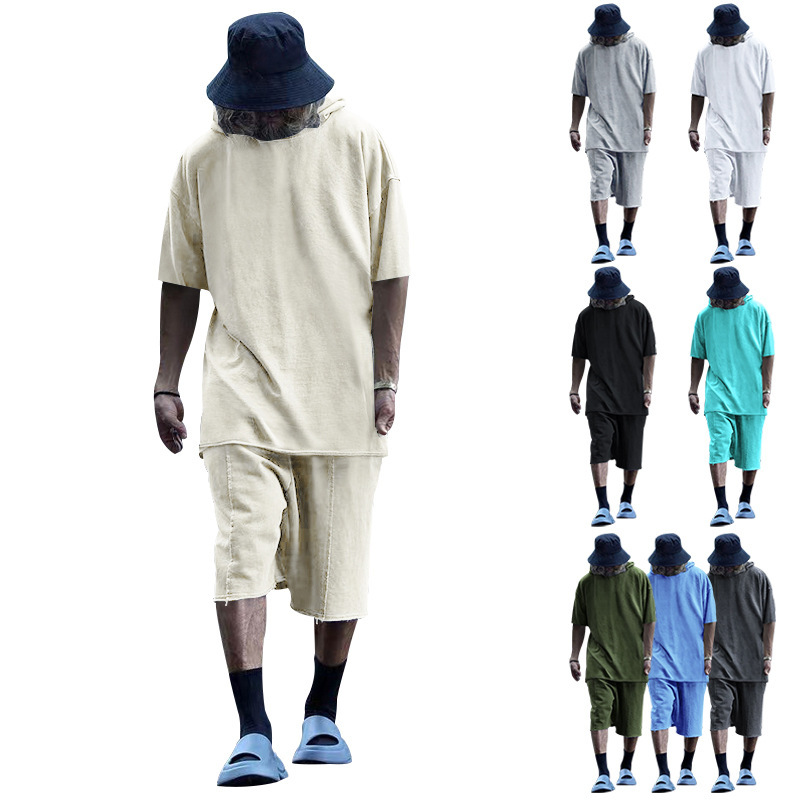 2024 Men's Short Sleeve Shorts Oversize Fur Loose Sports Casual Hooded Set_mkmklike.com