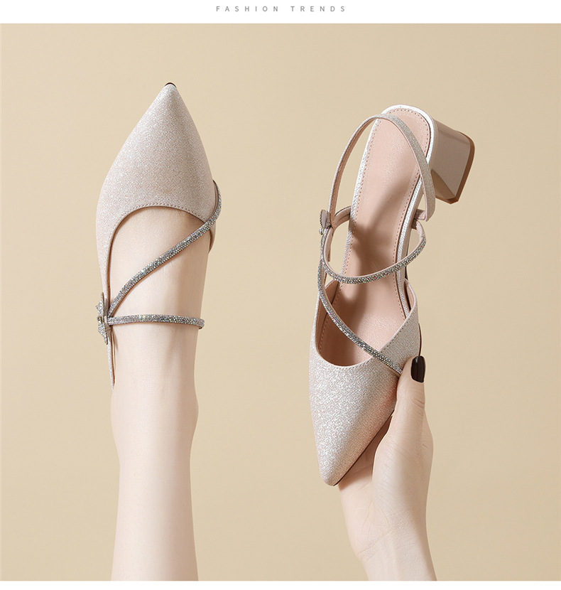 Sandal cao gót nữ mũi nhọn quai ngang Mary Jane Pháp gót dày 9 cm — 7126 vàng, 7126 bạc chi tiết 6