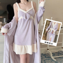 瑰若简约法兰绒睡衣甜美诱惑吊带睡裙深V开襟外袍家居套装RB004