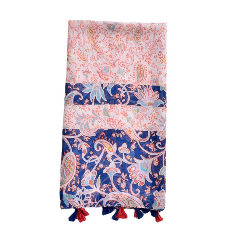 Nuevo estilo étnico retro anacardo impreso bufanda primavera y verano delgada transpirable viaje protector solar playa toalla borla bufanda