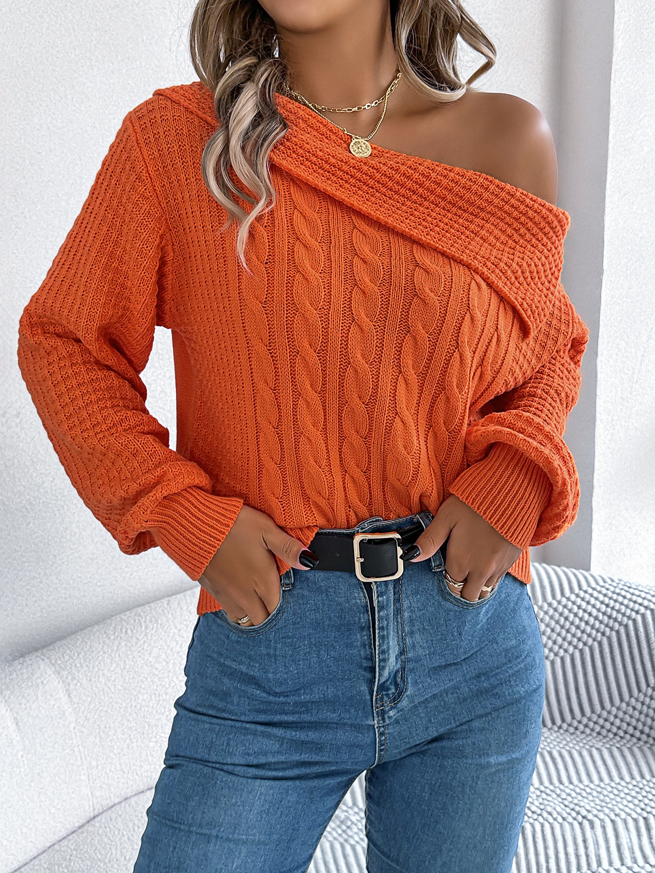 Women's Clothing casual sexy lapel off shoulder twist long sleeved pullover sweater _voghion.com