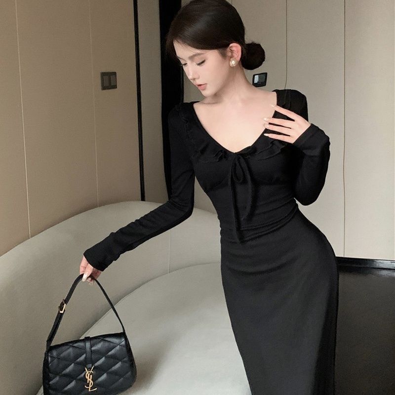 纯欲风秋冬季复古荷叶边绑带显瘦长袖打底长裙子针织包臀连衣裙女|undefined