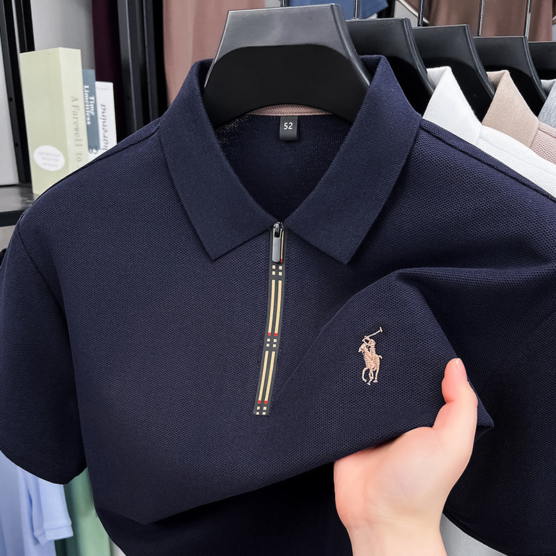 100 Cotton Zipper Solid Color Short-sleeved Polo Shirt Men's Summer Embroidered Pony Mark All-match Casual Lapel Short-sleeved Men