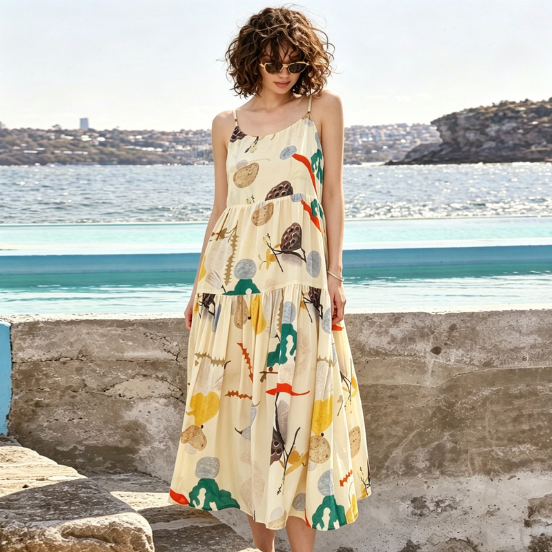 Special Offer Casual Loose-Fitting Printed Silk Slip Dress with Adjustable High-Waist Straps, Mid-Length Mulberry Silk Dress
