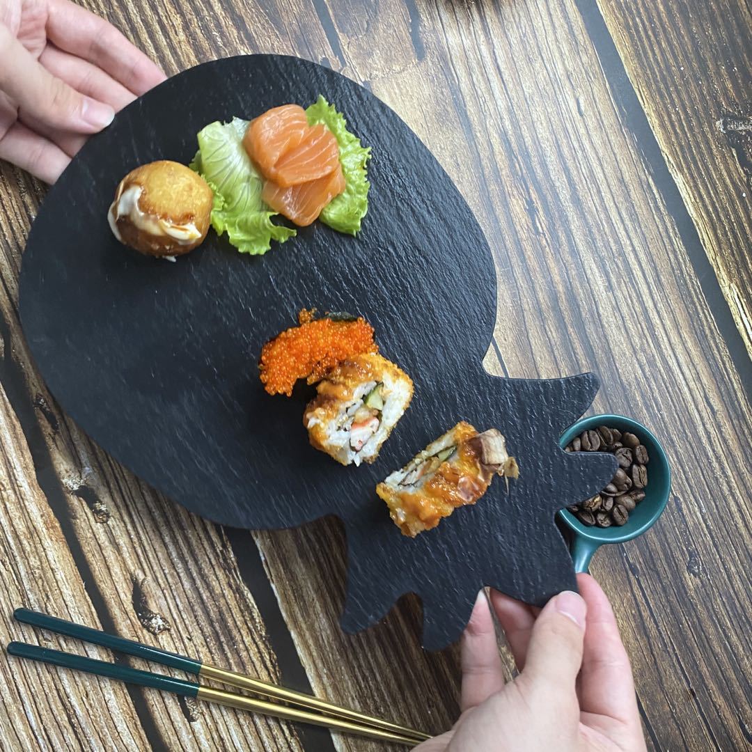 Forma de piña de estilo japonés Placa de roca negra restaurante occidental postre sushi placa Placa de pizarra natural placa plana