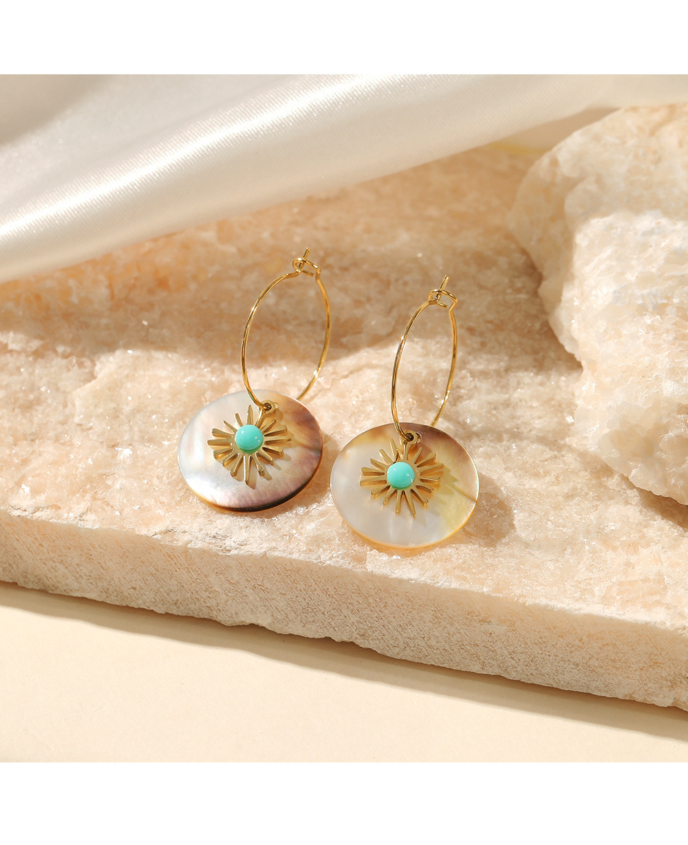 Retro Round Stainless Steel Inlaid Shell Drop Earrings 1 Pair
