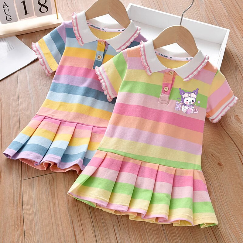 Colorful Striped Girls' Cartoon Dress 2026 Summer New Thin Breathable Dress for Older Children, Sporty Comfortable Short Dress