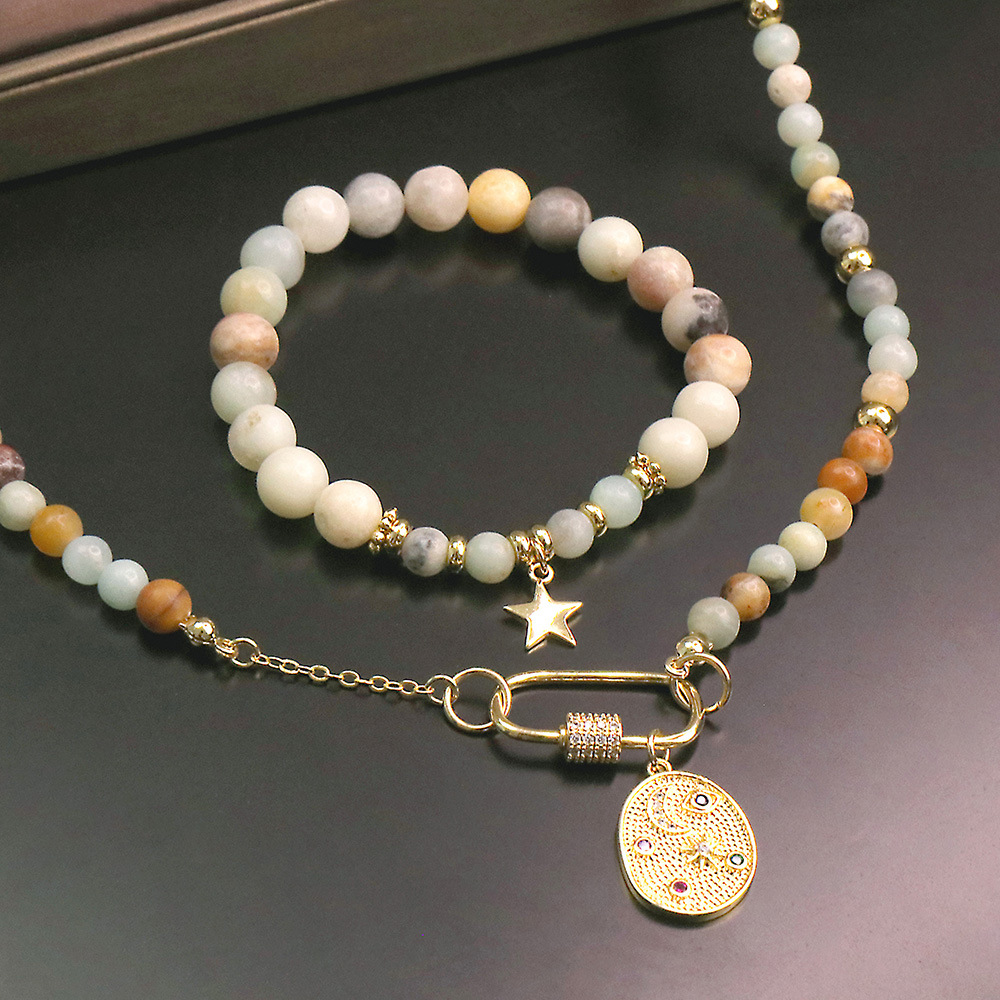 Mode Pentagramm Mond Kupfer Überzug Künstliche Edelsteine Armbänder Halskette display picture 7
