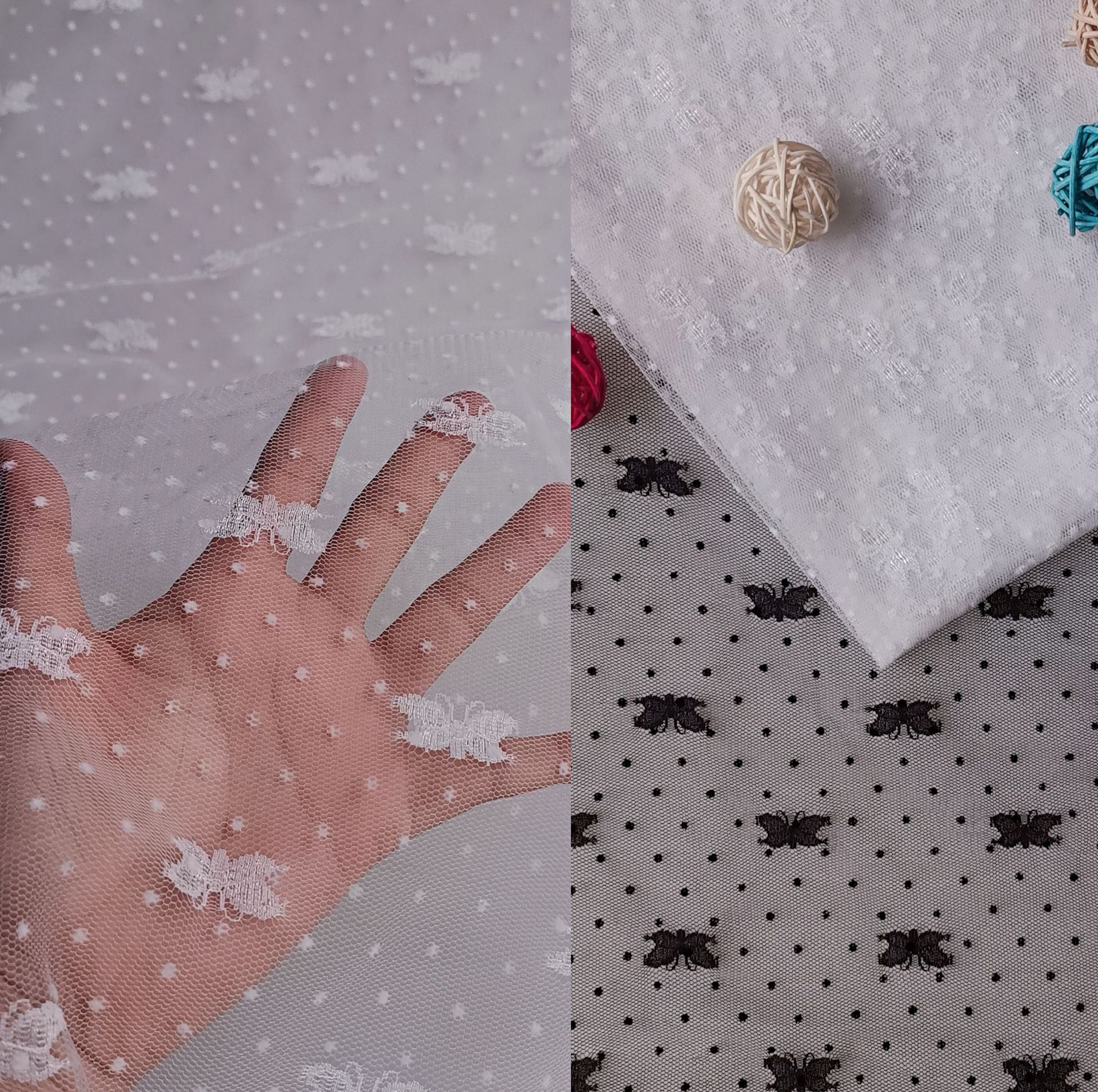 新款现货~小清新无弹锦有光蝴蝶提花网纱小Q点双面植绒 裙装面料