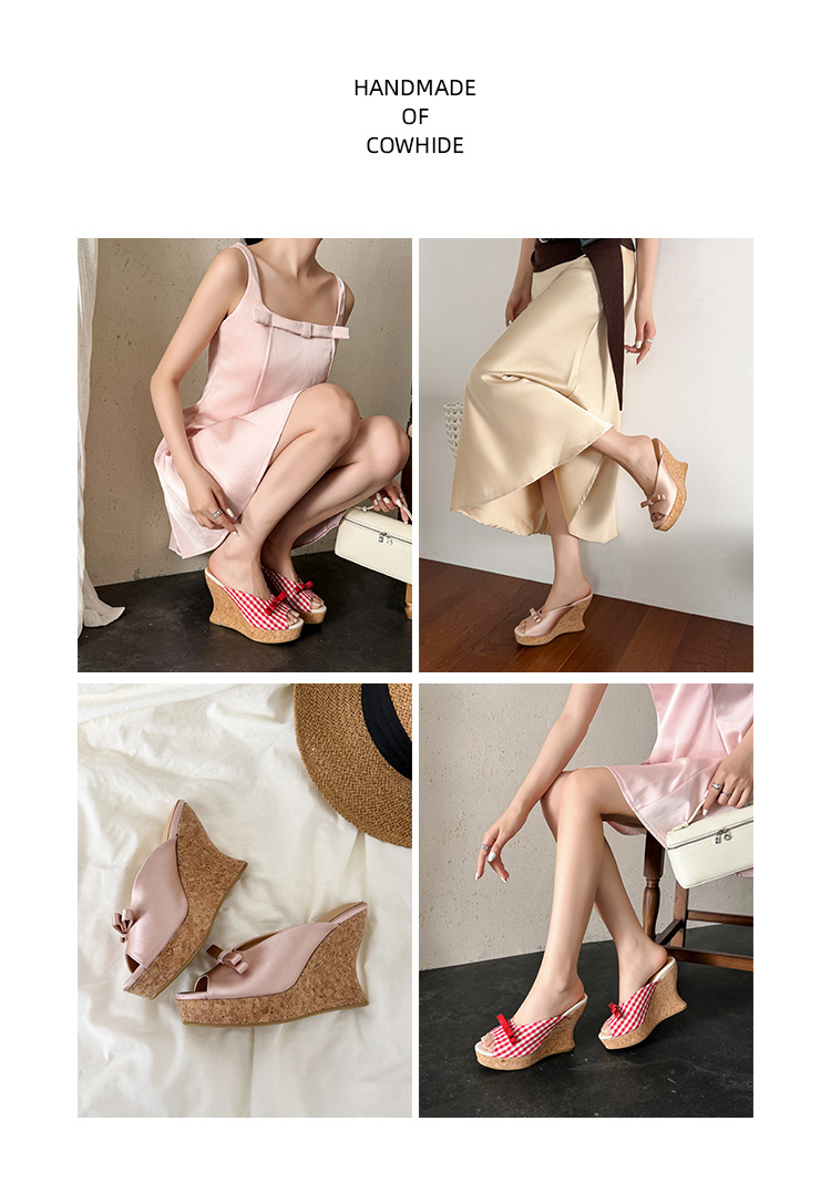 Sandal cao gót nữ mũi cá hở ngón, đế xuồng dày, nơ bướm, gót siêu cao 12 cm — Kẻ đỏ, Hồng sâm panh chi tiết 2