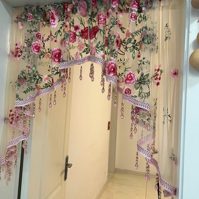 Embroidery New Light Luxury High-End Punch-Free Installation Partition Arch Door Curtain Gauze Curtain Lace Bedroom Beading