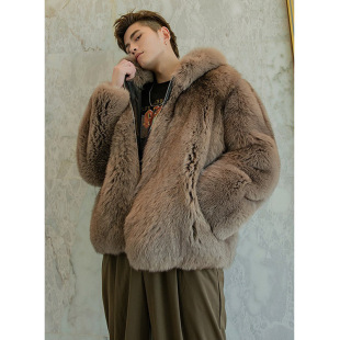 Men's faux fur coat new fox fur short autumn and winter warm wool coat men's leather hooded jacket
