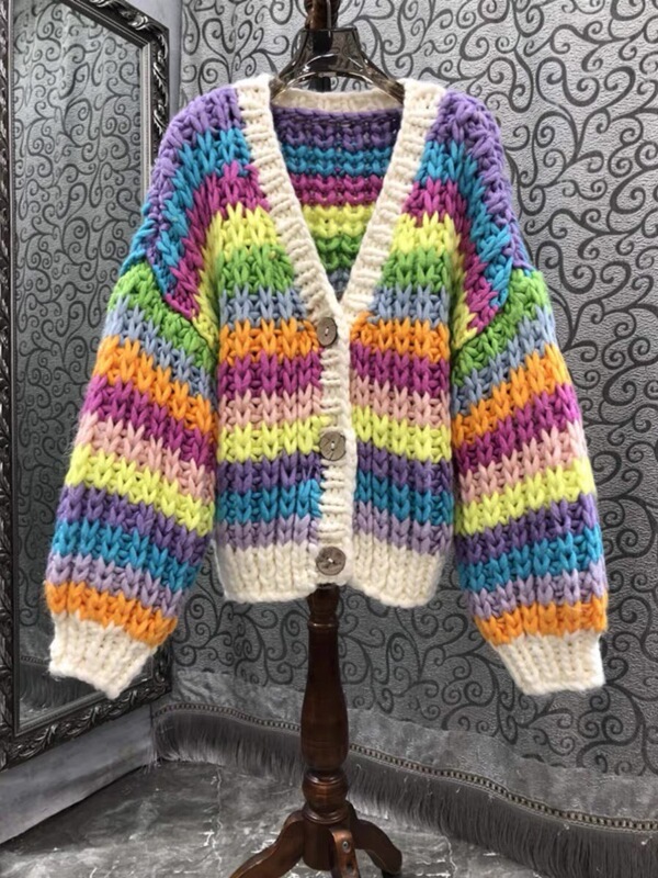 2023 autumn and winter New rainbow striped contrast color loose lazy style handmade knitted sweater for women sweater