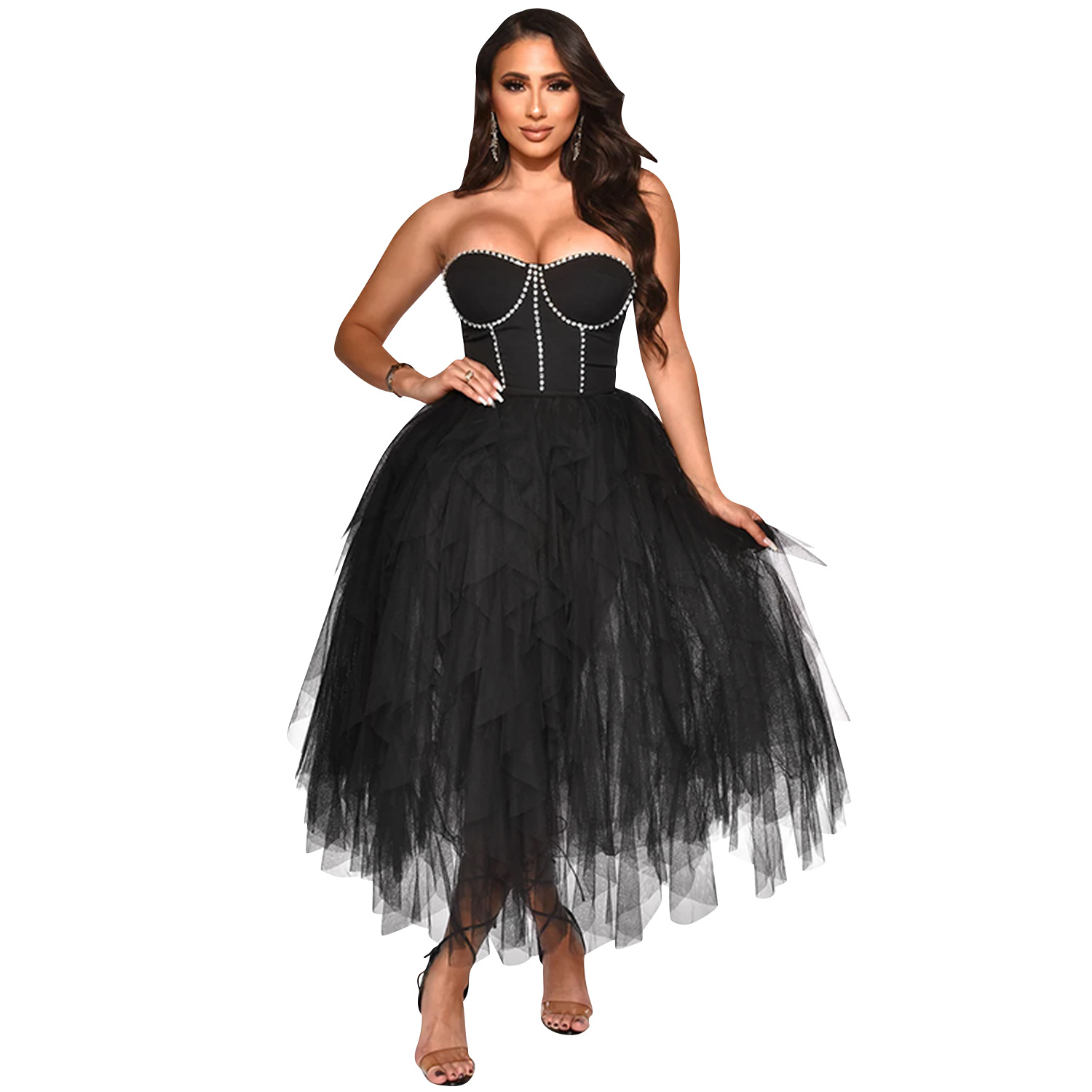 X5709 nueva llegada AliExpress Amazon moda europea y americana color sólido rhinestone caliente tubo superior mullido vestido de malla ropa las mujeres image 7