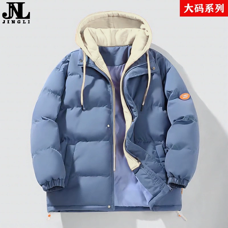Зимняя хлопчатобумажная одежда большого размера мужская с капюшоном поддельная двухслойная куртка свободная повседневная хлопчатобумажная одежда толстая пара хлебная одежда