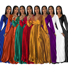 10334亚马逊欧美时尚女装秋季V领灯笼袖压褶连衣裙爆款加色礼服裙