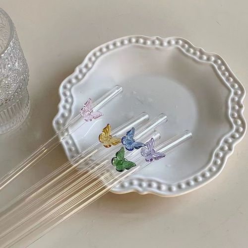 Transparent butterfly glass straw with Instagram-style curved head, juice and milk straw stirrer, simple and high-temperature resistant straw