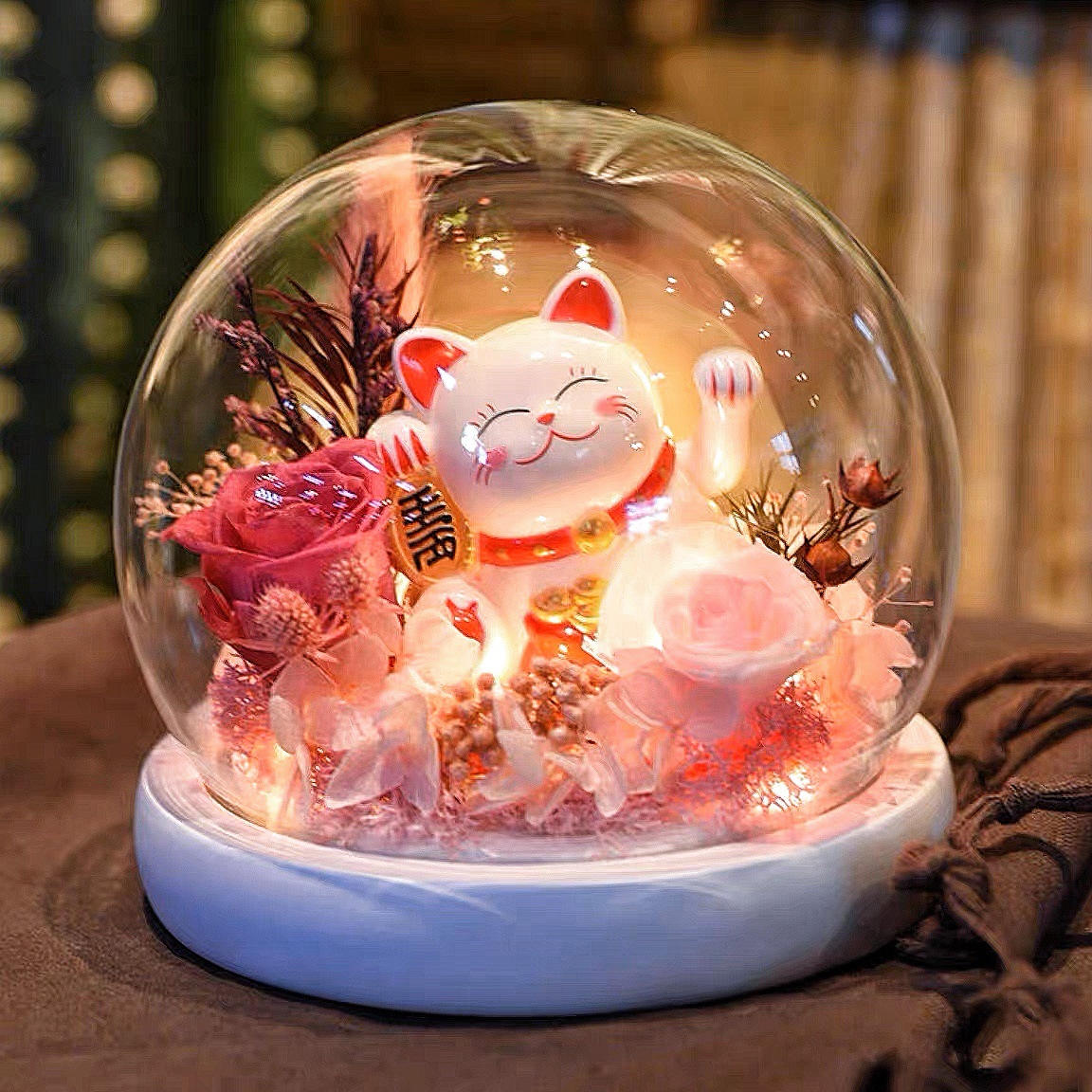 Rosa eterna luz de la noche flor eterna luz de la noche fortuna gato decoración del coche regalo de cumpleaños para novia Día del Maestro