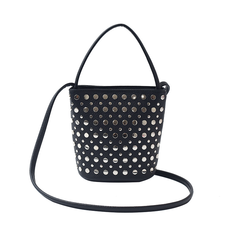 Bolso de cubo de textura transfronteriza 2025 nuevo bolso de mano remache personalizado bolso de hombro retro patrón de lichi bolso de mensajero mujer