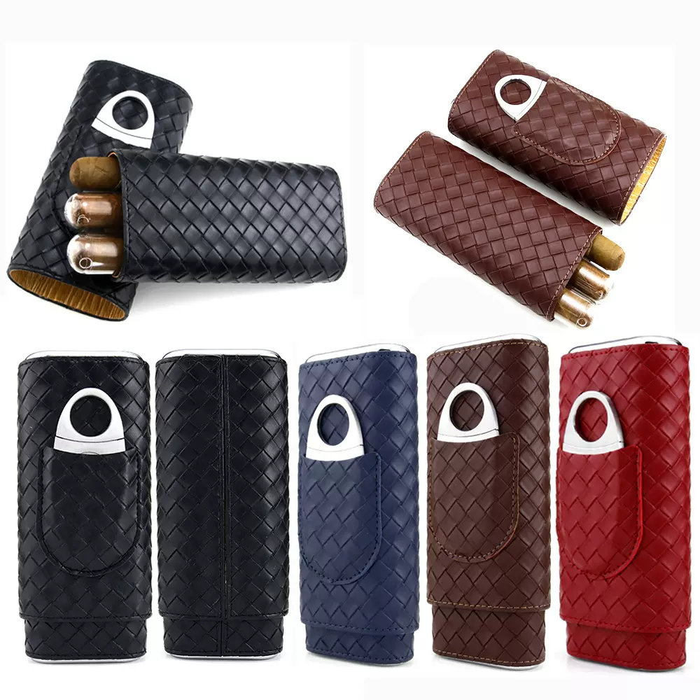 新品雪茄套编织纹烟盒工厂直销雪茄盒3只装雪茄保湿盒保护套雪茄