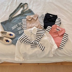 Children's Spring and Autumn Seasonal Two-Piece Shawl Collar Shirt, Baby Spring Version, Stylish Children's Clothing, Long-Sleeved Top, Item 0006