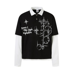 Jiayiku メンズ 2025 秋アメリカンストリートヒップホップトレンディブランド偽ツーピースワッフルラペル Tシャツ長袖メンズ