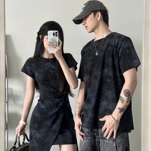 2025情侣装夏季短袖女法式度假沙滩连衣裙一衣一裙