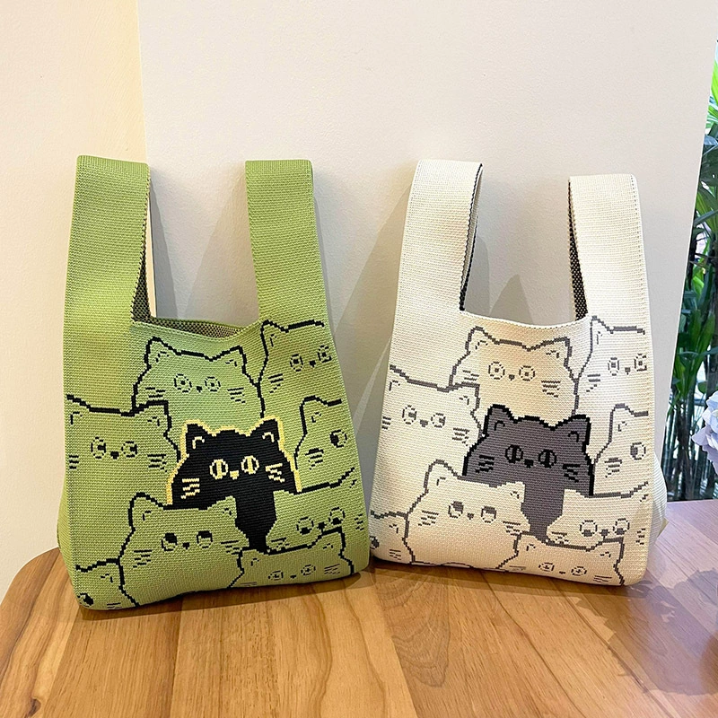 Knitted One-Shoulder Small Shoulder Bag, Cute Cat Pattern, Korean Style, Lightweight