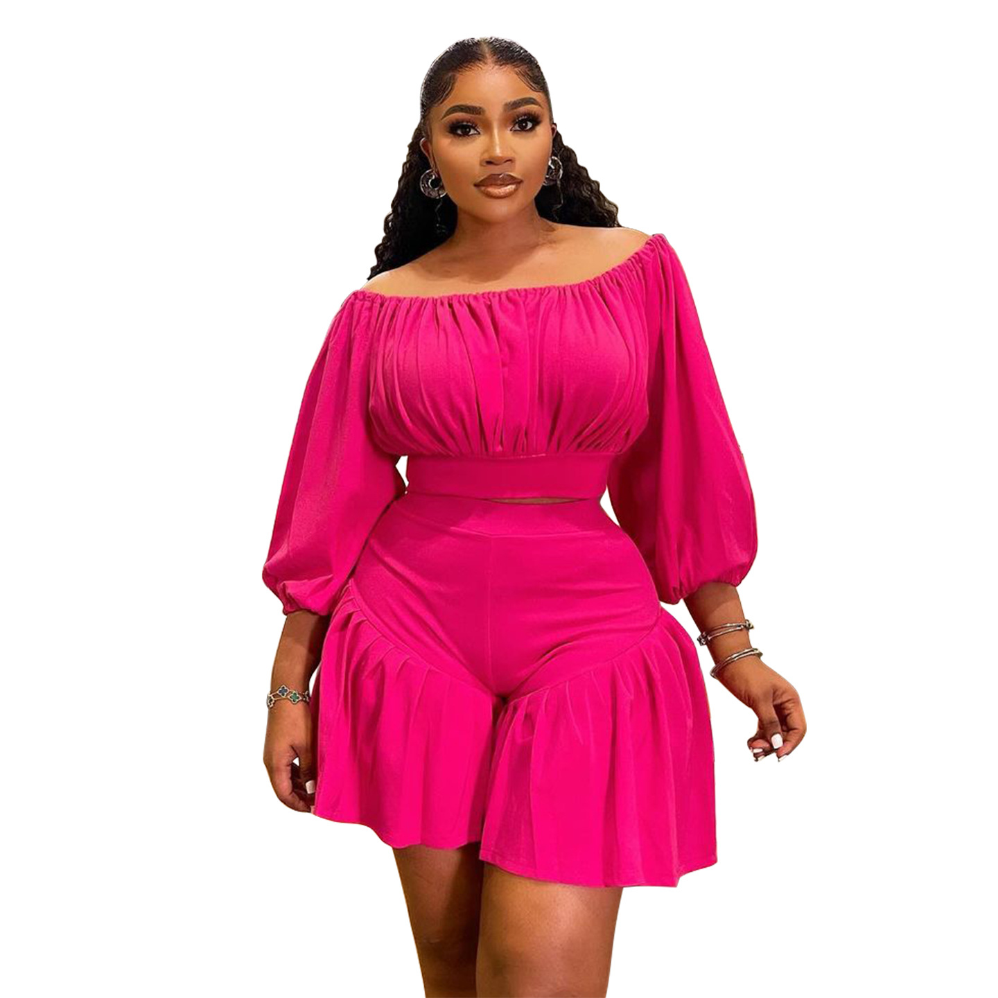 350g Weight Long Sleeve Sleeve Length Spandex, Polyester Fabric Type Shorts Co-ord Set Sets Type 2 Pieces Set Quantity Daily Occasion Off Shoulder Neckline Slim Fit Type Solid Color Pattern Summer Season Casual Style Daily Casual Solid Color Spandex Polyester Shorts Co-ord Set Plus Size Two-piece Sets 12