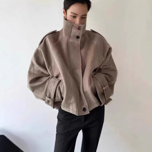 新款俄罗斯外贸毛呢秋冬宽松立领短款夹克蝙蝠插肩时尚外套