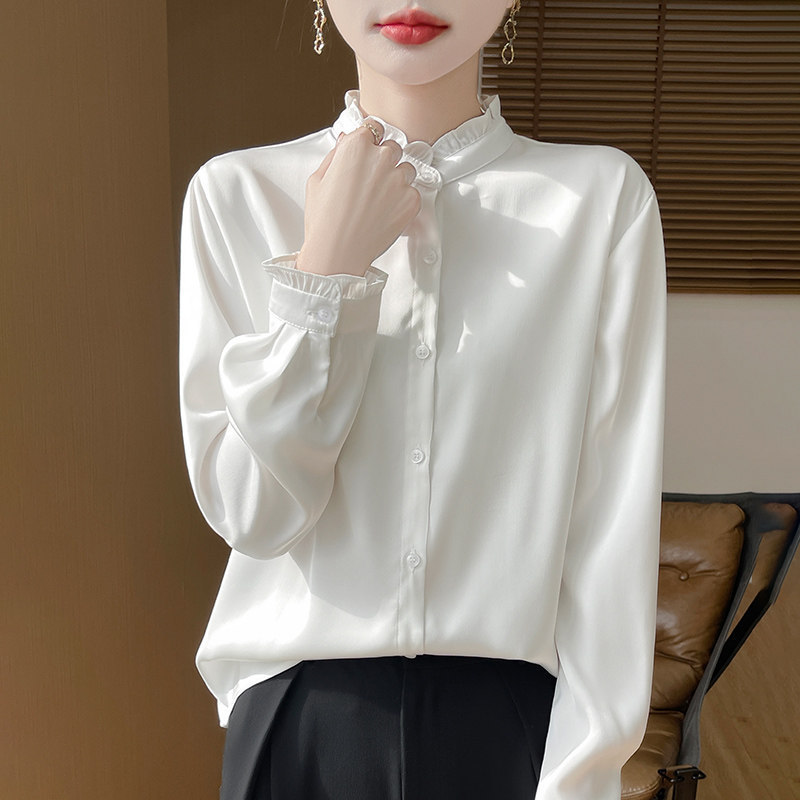 French-Style Ruffled Stand-Collar Satin Loose Versatile Shirt for Women, Elegant and Slimming, Age-Reducing Solid Color Top That Pairs Well with Suits