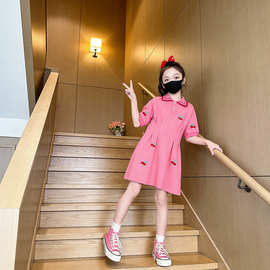 工厂一件批发甜妹风女童连衣裙春秋款中大童樱桃刺绣公主裙童装