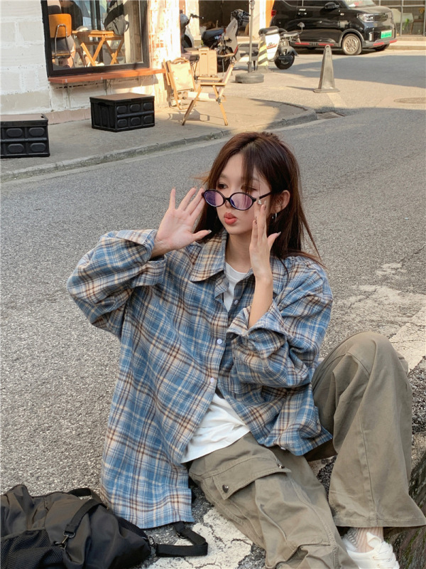韓国版の新型のゆったりした長袖の格子のシャツの婦人服の春と秋のカジュアルな怠惰なシャツの上着の女性の上着|undefined