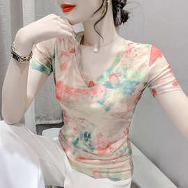 外贸女装 夏季时尚气质网纱印花短袖V领T恤修身短袖洋气优雅女装