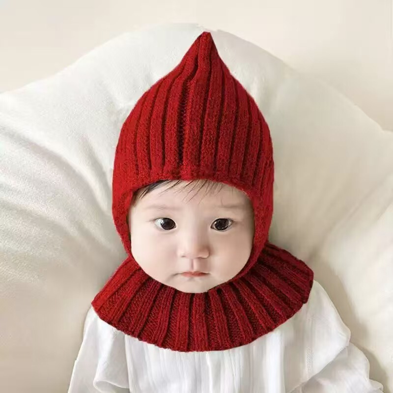 宝宝帽子婴儿秋冬针织婴幼儿毛线帽护耳精灵帽小红帽新年圣诞尖顶|undefined