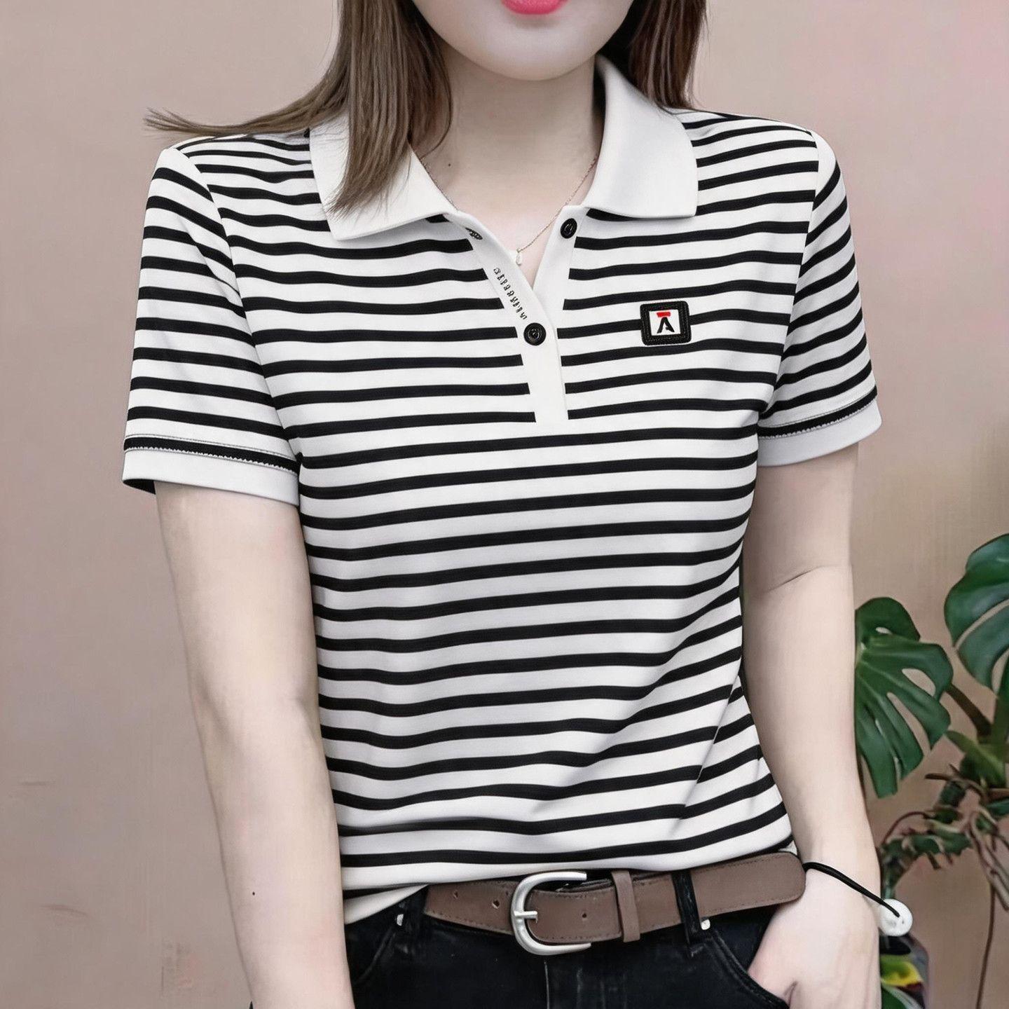Middle-aged women's striped collared short-sleeved top, summer 2026 style, age-reducing and slimming.