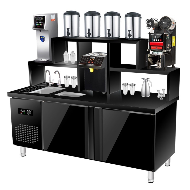 ブラックチタン鋼コーヒーウォーターバーミルクティーショップ商業機器フルセットステンレス鋼冷蔵ドリンクミルクティーテーブルカスタマイズ|undefined