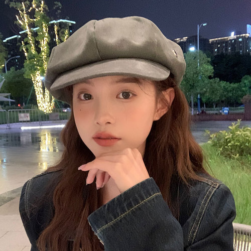 Female beret with round face and big head circumference, autumn and winter face-showing little painter's cloud octagonal hat