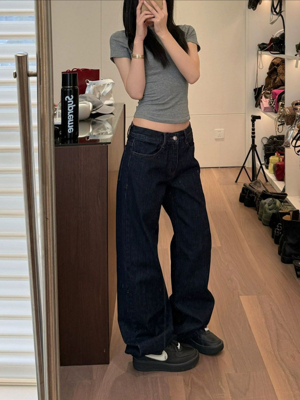SUNONEOE 撞色原牛牛仔裤女夏直筒深色宽松松弛感水洗显瘦休闲裤|undefined
