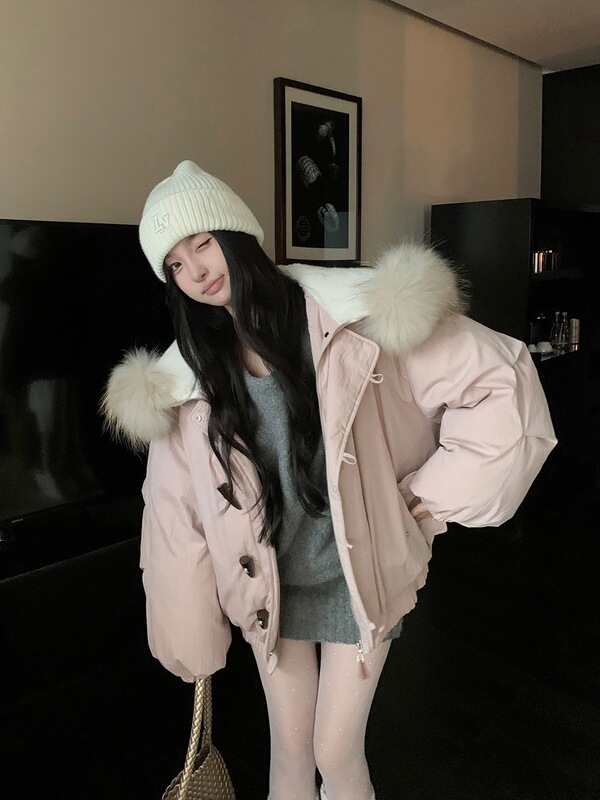 牛角扣大毛领连帽棉服外套女短款冬季韩系小个子加厚工装派克服|undefined