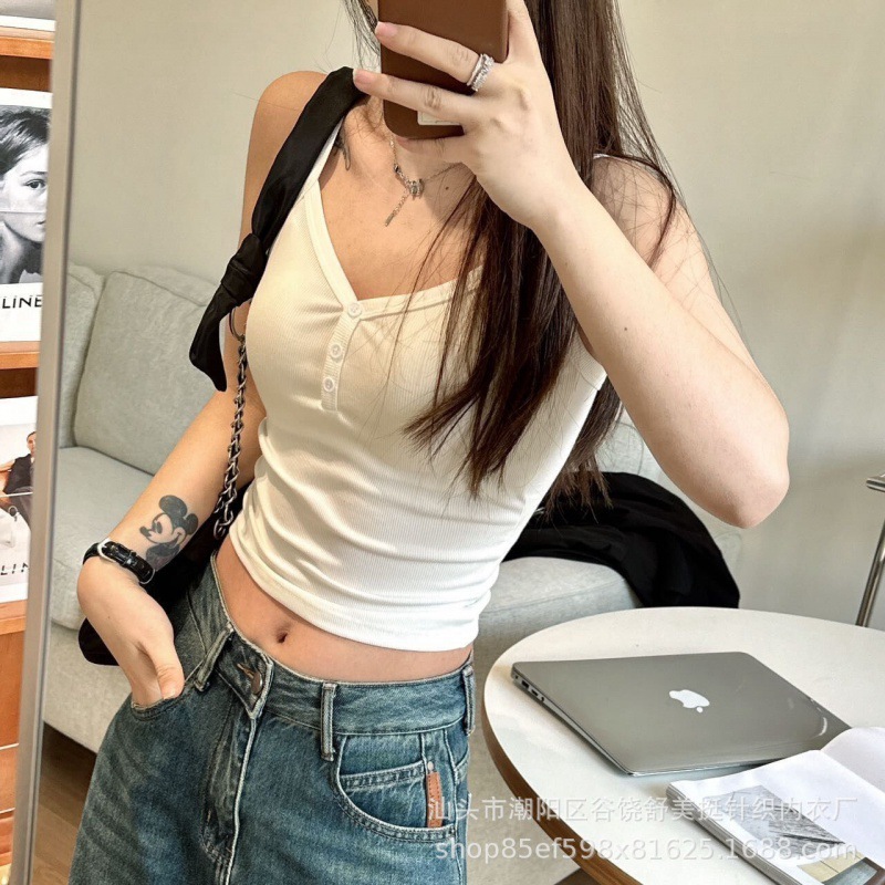 6610爆発的な綿のねじの桃の心のvネックのセクシーなギャルのそばめの紀の同じタイプのボタンのベストの一体の杯は底を打ちます|undefined